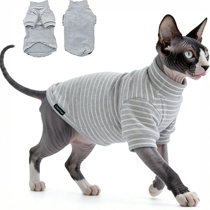 Fleece Sphynx Cat Clothes Soft Hairless Cat Clothes Pullover Cat Sweater for Chihuahua All Season Light and Warm Kitten Cloth for Cats Only Puppy Clothes Small Dog Sweater (Gray Striped, Medium)