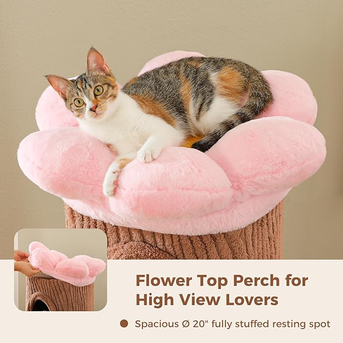 MUTTROS Forest Cat Tree with Flower Condos, Cute Tall Cat Tower with Scratching Posts & Padded Perch, Multi-Level Kitty Activity Center for Indoor Cats, Indoor Jungle Gym Furniture