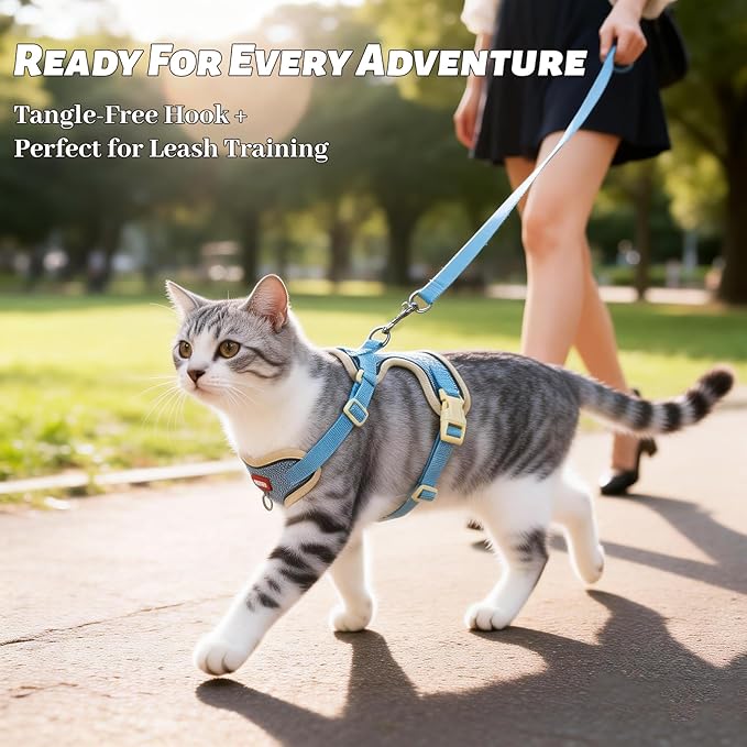 Cat Harness and Leash Set Escape Proof, Soft Mesh Cat Vest Harness and Leash for Walking and Training, Adjustable Reflective Kitten Harness and Leash Set for Small Dogs and Cats (Blue, XL)