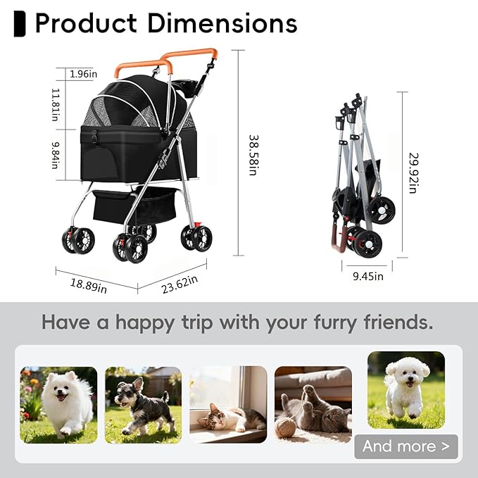 YYW Pet Stroller for Small Dogs & Cats, 3 in 1 Foldable Kittens Puppies Travel Strolling Cart with Removable Carrier, Cup Holder, Storage Basket & Lockable Wheels(Black)
