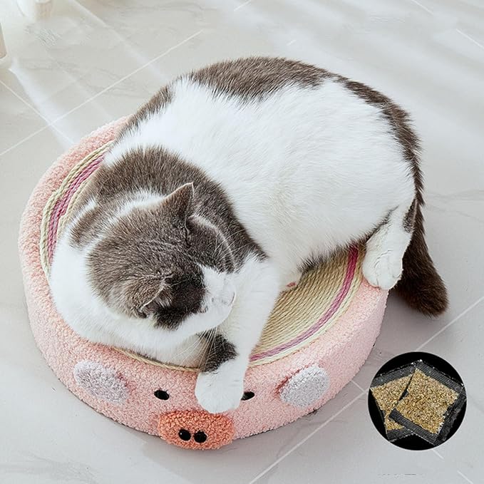 Cat Scratcher Bed Round Sisal Cat Scratcher Cardboard Cat Scratcher Lounge Bed Cat Scratcher Bowl Nest with Cartoon Pattern for Couch Carpets Sofas Protector (Pig)