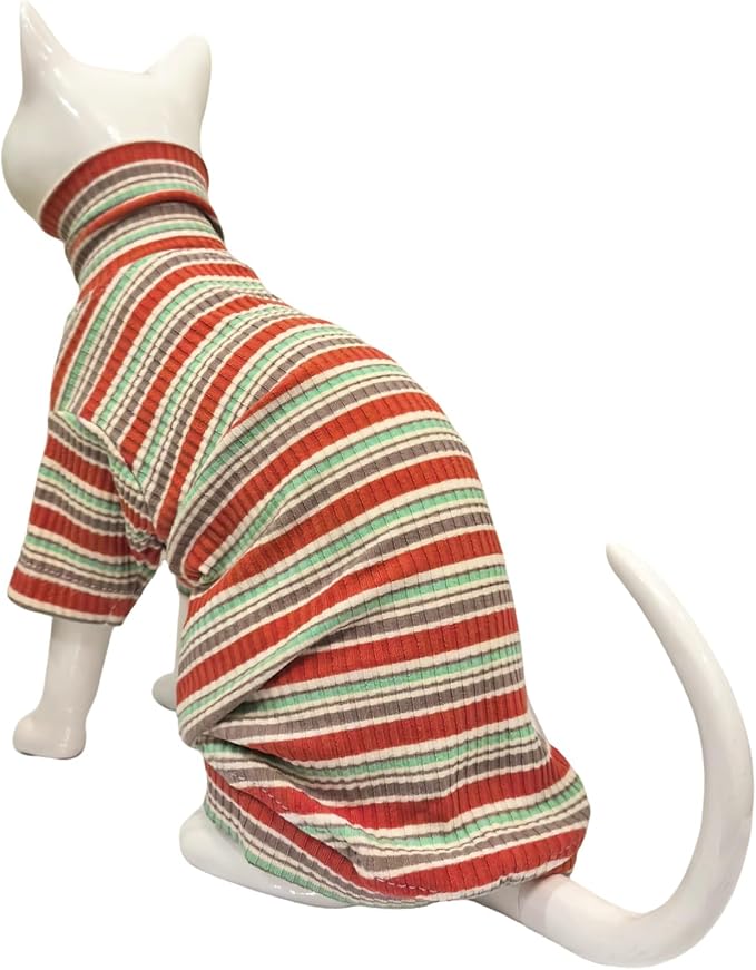 Turtle Neck Vintage Stripes Sphynx Hairless Cat Cotton T-Shirts Pet Clothes Vest Kitten Shirts Sleeveless, Cats & Small Dogs Apparel (Autumn, XL (9-12.5 lbs))