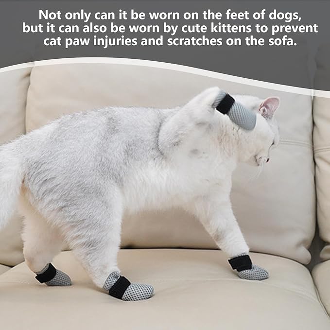 4 Pcs Cat Mittens to Prevent Scratching for Pets with Paw Inner Diameter up to 1.35 Inches, Adjustable Breathable Mesh Kitten Shoes Socks Booties for Only Grey