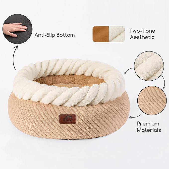 Hollypet Cat Bed for Indoor Cats Kitty Beds, Round Washable Fluffy Small Dog Bed, Soft Cozy Plush Pet Beds for Puppy and Kitten with Non-Slip Bottom (20" D * 8" Th, Oatmeal)