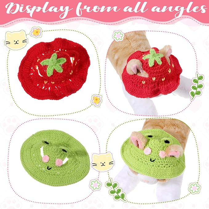 Cat Hats for Cats Only Cute Knit Cat Hat Strawberry Hat with Adjustable Cord Handmade Crochet Cats Clothes Soft Cute Knitted Hats Christmas Party Costume Accessory for Puppy Kitten (Red, Green)
