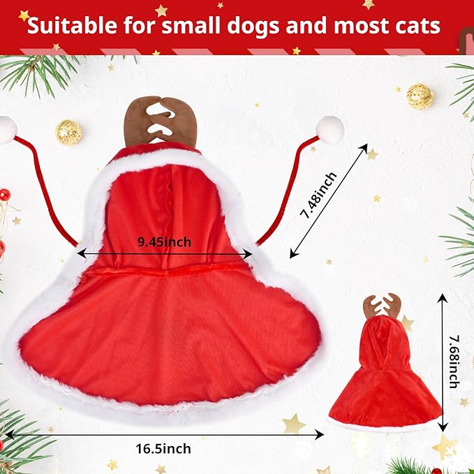 Dog Christmas Cape Velvet, Pet Santa Costume with Elk Antlers Hat Santa Claus Reindeer Outfit Puppy Xmas Hoodie Cloak Dog Clothes for Small Dogs Cat Doggie Cloak