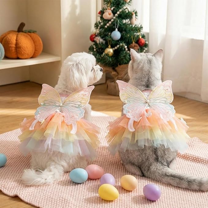 Butterfly Fairy Dog Dress with Wings, Rainbow Tulle Tutu Costume for Small Dogs Cats Rabbits, Adjustable Princess Pet Outfit for Halloween Christmas Easter Birthday(Colorful-Butterfly, X-Large)