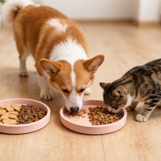 Pet Food Mat, Set of 2 Pink Silicone Feeding Mats - 7'' x 7'' Non-Slip Waterproof Bowl Mat with Raised Edge for Dog Cat, Prevent Food Water Spills, Easy Clean Tray