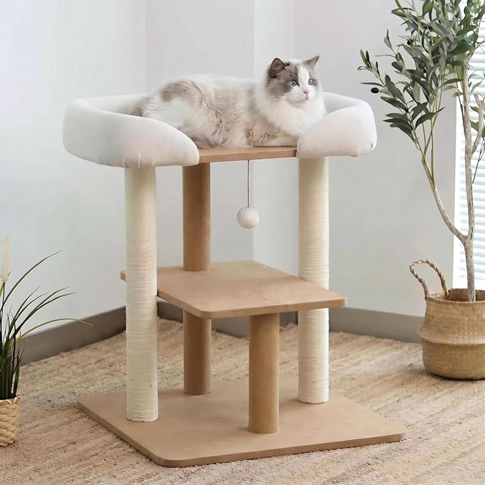 SHENGOCASE Modern Wooden Cat Tree Tower with Extra Large Platform, Perch Sofa Couch Bed for Maine Coon, Window View Design for Multiple Cats