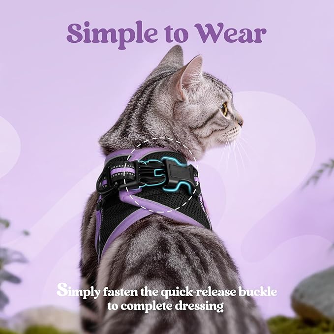 rabbitgoo Cat Harness and Leash Set for Walking Escape Proof, Adjustable Soft Kittens Vest with Reflective Strip for Cats, Comfortable Outdoor Vest, Black & Light Purple, L