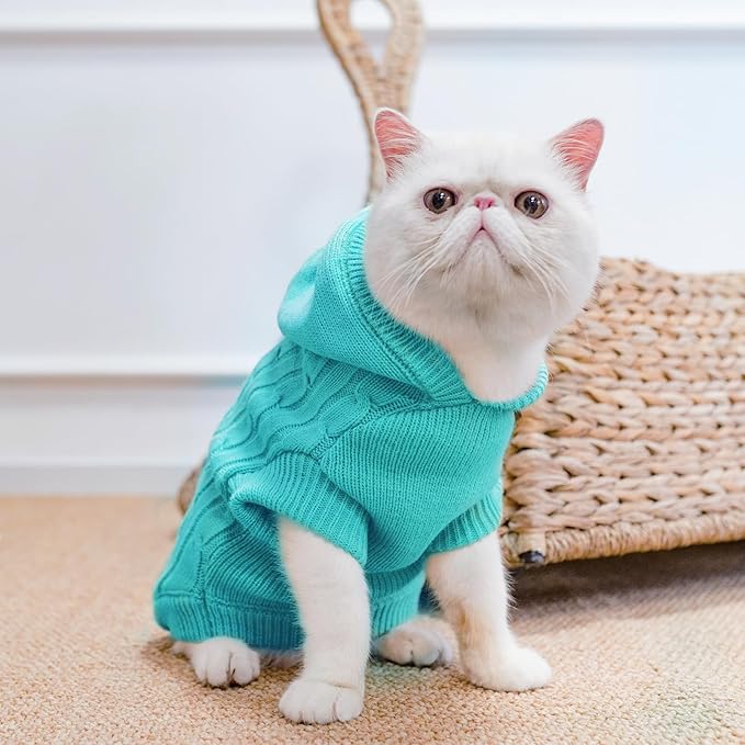 PUPTECK Winter Dog Cat Sweater Coat - Soft Cold Weather Clothes Knitwear for Kitties & Small Dogs Indoor Outdoor Walking Warm, Knitted Classic for Doggies Kitties Girls Boys, Blue L