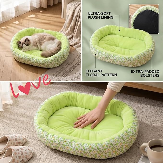 Floral Print Cat Beds for Indoor Cats Cozy Plush Fabric, Supportive Raised Sides, Non-Slip Bottom Washable Mat for Small Medium Pet Puppy Dog (Green,Large)