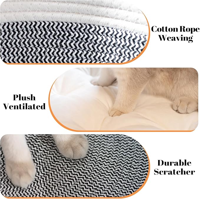 CHEERHOME PETS Cat Bed Basket with Cushion, Cotton Rope Woven Pet Bed for Indoor Cats Couch, Stimulicat Cat Bed Handwoven Breathable, All Season Universal (Grey)