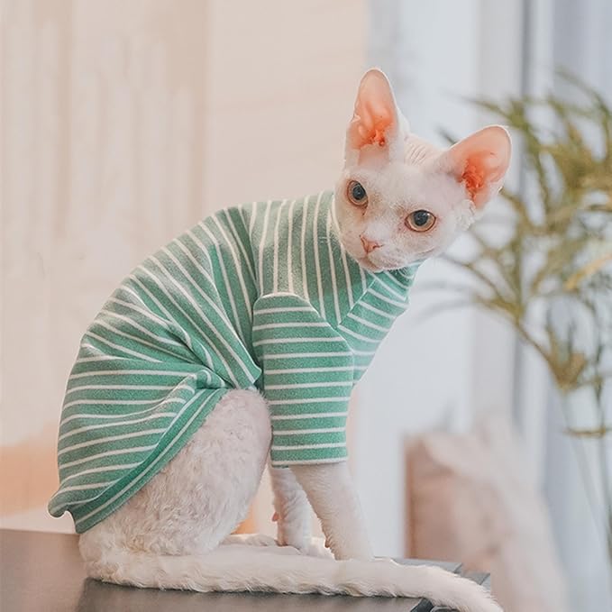 Sphynx Cats Warm Fleece Shirt Cat Turtleneck Undershirt Thermal Hairless Cat Clothes for Sphynx, Devon, Cornish Cat Clothes and Small Kitten and Dogs (Green Bold Stripe, Large)