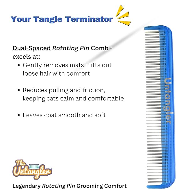 Cat Comb - 7" Dual-Spaced Rotating Teeth Comb, Blue - Stimulates Natural Oil Production, Prevents Static Build Up, Made in USA, Vet Recommended, Hand Assembled