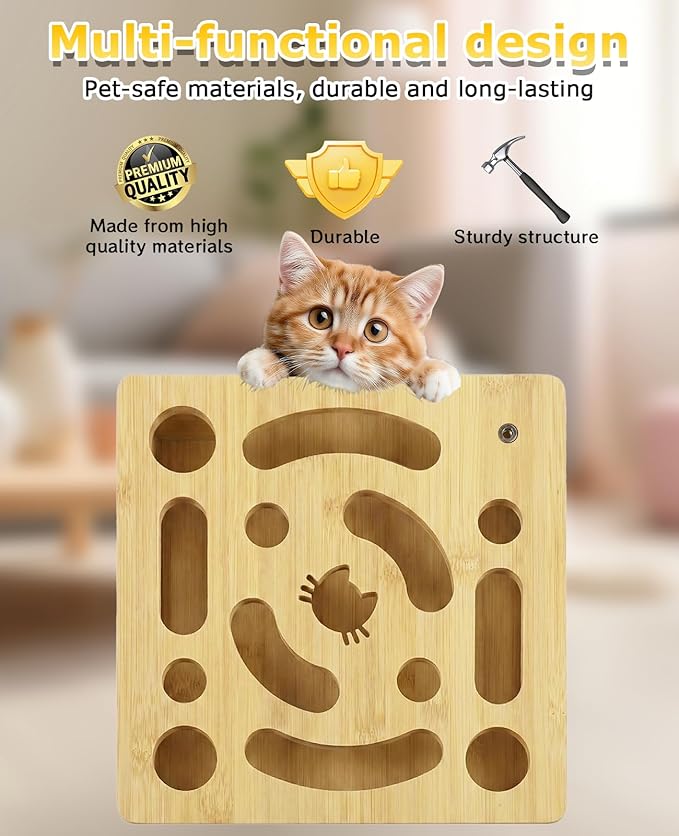 Cat Nail File Scratcher Enrichment Box, Thickened Bamboo Wooden Claw Saver Box for Cats, Scratch Puzzle Box with Sandpaper Inside