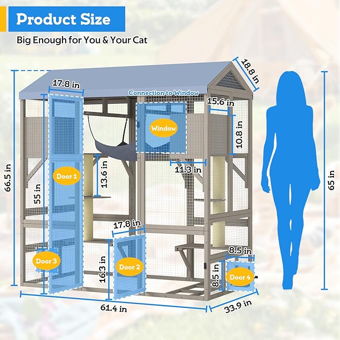 Catio Outdoor Cat Enclosure with Window Access, Large Walk in Cat House Outdoor Kitty Cage with 7 Jumping Platforms, Scratching Posts, Hammock, Slide & Clean Litter Box Access