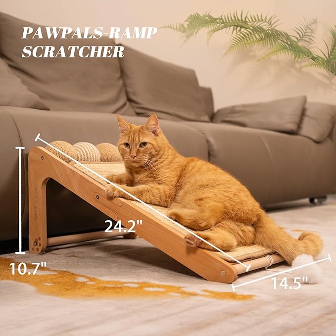 CHEERHOME PETS Sisal Cat Scratcher Ramp with Balls, 24.8" L Shape Cat Scratching Post Climbing Scratch for Indoor Cats, Solid Wooden Cat Furniture(Large)