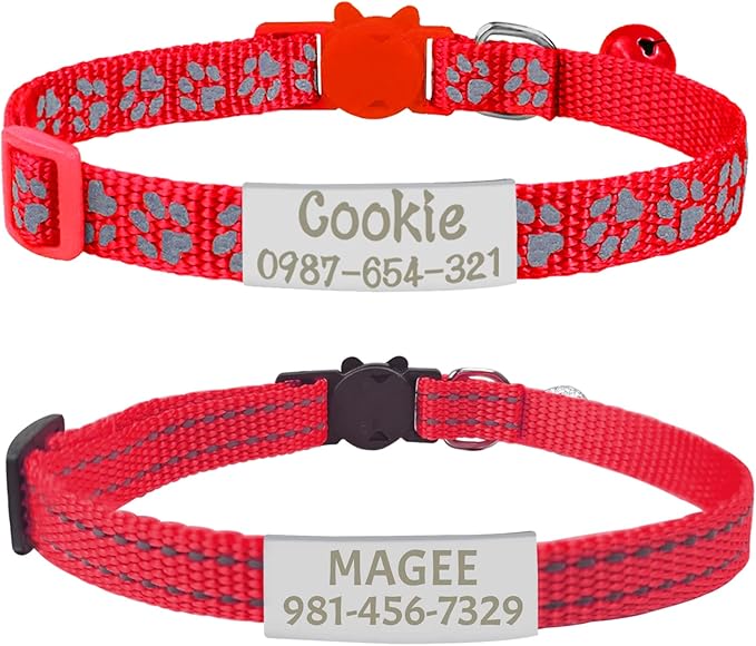 CAMAL 2 Pack Reflective Cat Collar Personalized, Custom Breakaway Cat Collar with Stainless Steel Pet ID Tag, Adjustable Cat Collars with Name and Phone Number for Cat Kitten Puppy