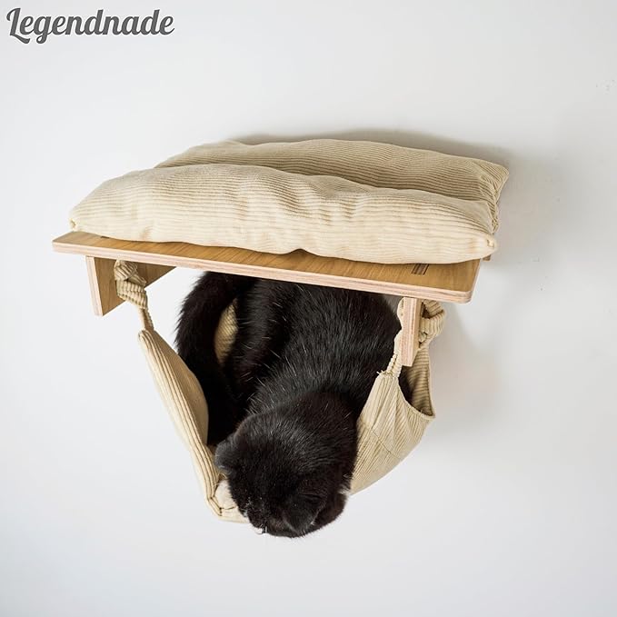 Personalized Hanging Cat Bed, Cat Hammock with Cushion, Wood Wall Mounted Cats Shelf, Wooden Furniture Perch for Playing Sleeping Scratching, Your Pet Gifts