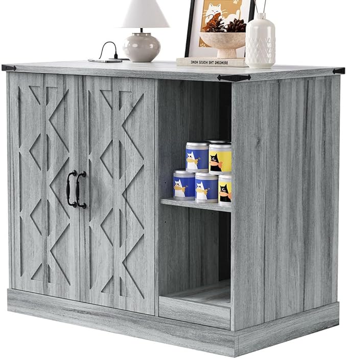 Extra Large Cat Litter Box Enclosure with Litter Collector, Hidden Litter Box Furniture Cabinet with Power Outlet & Storage Shelves, Cat House for Automatic Litter Boxes, Gray
