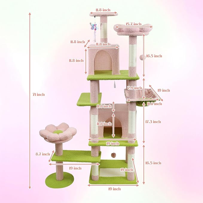 71" Flower Cute Cat Tree for Indoor Cats Large Adult, Tall Cat Tower with Scratching Post & Condo, Hammock, Aesthetic Cats Stand, Modern, Easy Assembly (Pink, 71" Tall)