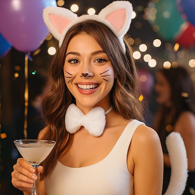 Cat Ears and Tail Set, White Cat Ears Headband with Bow tie, Furry Halloween Headband for Adults, Soft Animal Ears