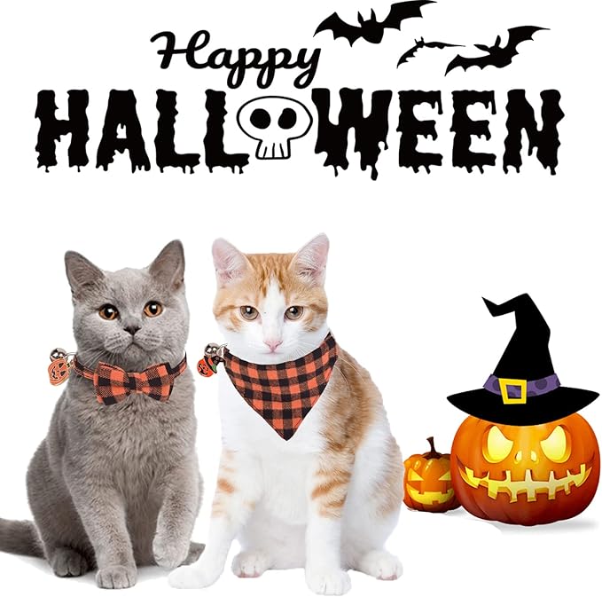ADOGGYGO Holiday Cat Collars Breakaway with DIY Pumpkin Maple Charms, 2 Pack Halloween Thanksgiving Kitten Collar with Removable Bowtie Bandana, Plaid Bandana Collar for Kittens Cats