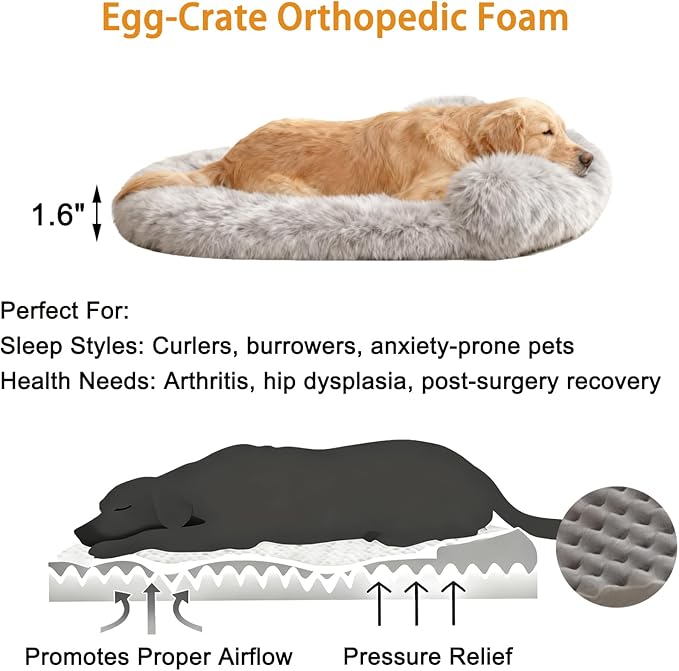 Orthopedic Dog Bed with Egg-Crate Base, Calming Dog & Cat Beds Long Plush Raised Edges, Spine Friendly Pet Sleeping Mat for Small Medium Dogs, Machine Washable (Oval, Marble Grey 26"x20")