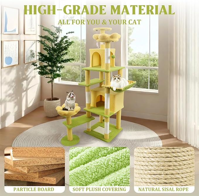 71" Flower Cute Cat Tree for Indoor Cats Large Adult, Tall Cat Tower with Scratching Post & Condo, Hammock, Aesthetic Cats Stand, Modern, Easy Assembly (Yellow, 71" Tall)