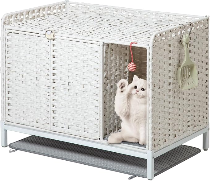 SETVSON Cat Litter Box Enclosure Furniture with Divider, Handwoven Rattan Litter Box with Mat, 31.2 x 19.6 x 24.2 Inches, Metal Heightened Feet, Hidden Cat House for Living Room, Bedroom (White)