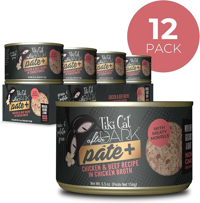 Tiki Cat After Dark Pate+ Wet Cat Food, Chicken & Beef, 5.5 oz. Cans (Pack of 8)