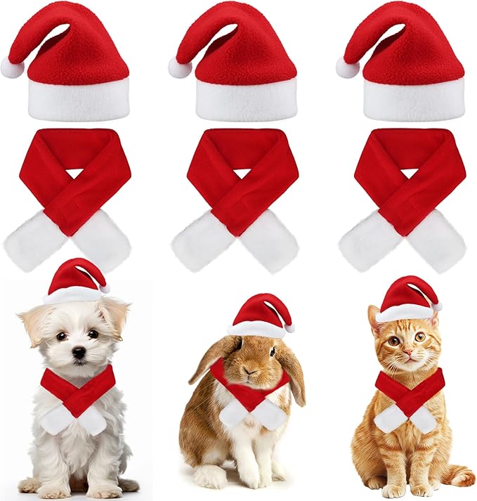 6 Pcs Christmas Santa Hat with Scarf Pet Costume Set Holiday Outfit Costumes Pets Santa Hat Scarf Set for Pet Small Cat Dog Puppy Christmas Party Costume Dress Up Supplies