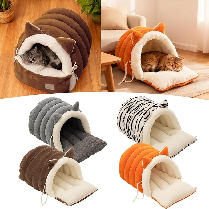 Washable Cat Bed - Warm Plush Washable Non-Slip | Semi-Enclosed Kitten Bed Cat Furniture,for Kitten Puppy Pet Sleeping Calming Cold Weather Indoor Home Decor Apartment Living Room (White)