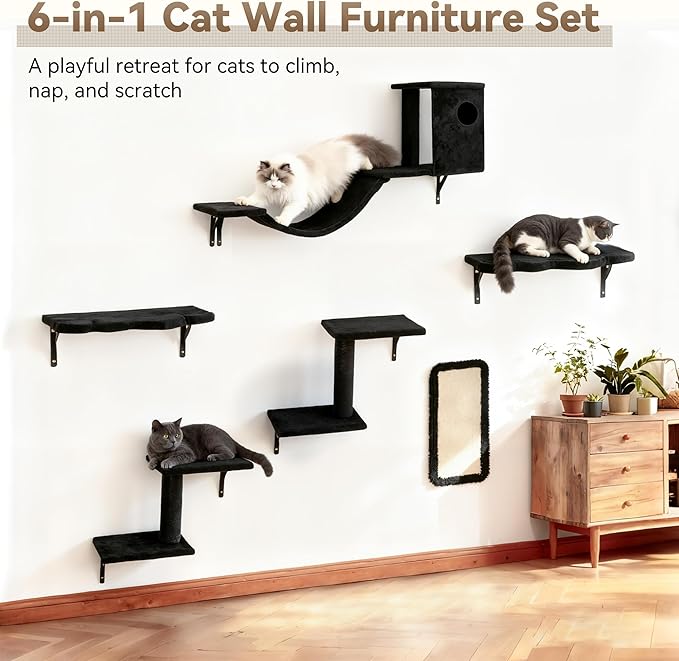 Meecal 6-in-1 Cat Wall Shelves, Wall-Mounted Cat Furniture for Indoor Kittens, Modern Floating Shelves with Scratching Posts, Bed, Perch, Bridge, Condo, Steps and Scratcher, Space-Saving Gym, Black