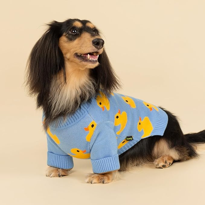 Fitwarm Funny Duck Dog Sweater, Thermal Dog Winter Clothes for Small Dogs Boy Girl, Pet Outfit, Blue, Yellow, Medium