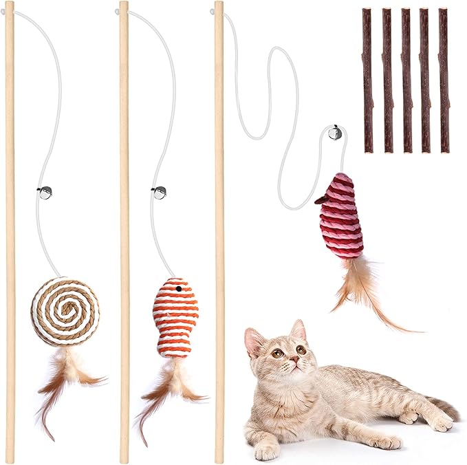 KABB Cat Toys for Indoor Cats, 3pcs 16 Inch Natural Wood Cat Teaser Wand Toy with Teaser Refills for Cat Kitten Having Fun Exerciser Playing, Bonus 5pcs Catnip Sticks for Cat Teeth Cleaning