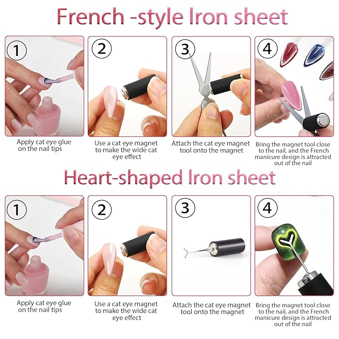 8pcs Cat Eye Nail Tools – Magnetic Pen, Cylindrical Magnets, Scissor & Y-Shaped Plates for French Heart Cat Eye Effect
