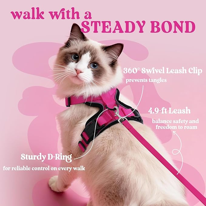 rabbitgoo Cat Harness and Leash for Walking, Escape Proof Soft Adjustable Vest Harnesses for Cats, Easy Control Breathable Reflective Strips Jacket, Rose Red, M