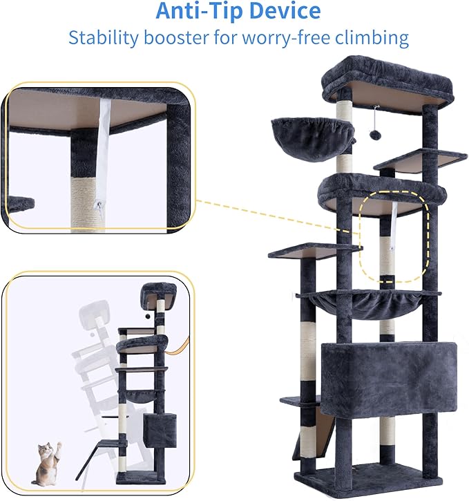 Heybly Tall Cat Tree for Large Cat, 80-inch Multi-Level Cat Tower for Indoor Cats with Large Baseboard, Condo Furniture with 2 Widened Plush Perches,Scratching Board and Big Caves, Smoky Gray HCT038G