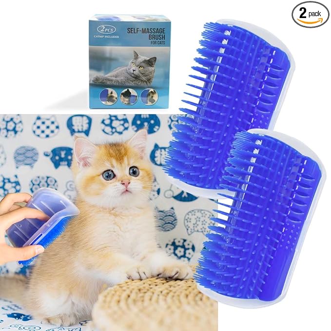 2 Pack Self Grooming Wall Brush for Cats and Dogs - Cat Groomer with Catnip, Massage Comb Tool for Long & Short Fur Pets (Blue)