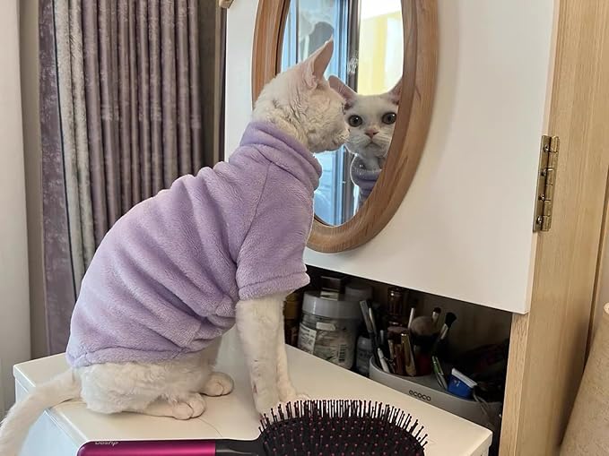 Sphynx Cat Clothes Winter Turtleneck Soft Coral Fleece Cat Clothes Thicken Warm Pajamas Coat for Hairless Cats and Small Cat Apparel with Sleeves (Taro Purple, XL (9.3-12.7lbs)