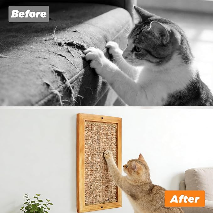 Cat Scratching Post, Natural Wooden Sisal Cat Scratch Pad, Floor or Wall Mounted Vertical Cat Scratcher Mat for Indoor Cats Adults or Kittens, Scratching Board Cat Wall Furniture Protector