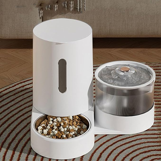 Cat Food Feeder and Water Fountain, Automatic Smart Pet Dry Food Dispenser and Water Dispenser for Pets Indoor
