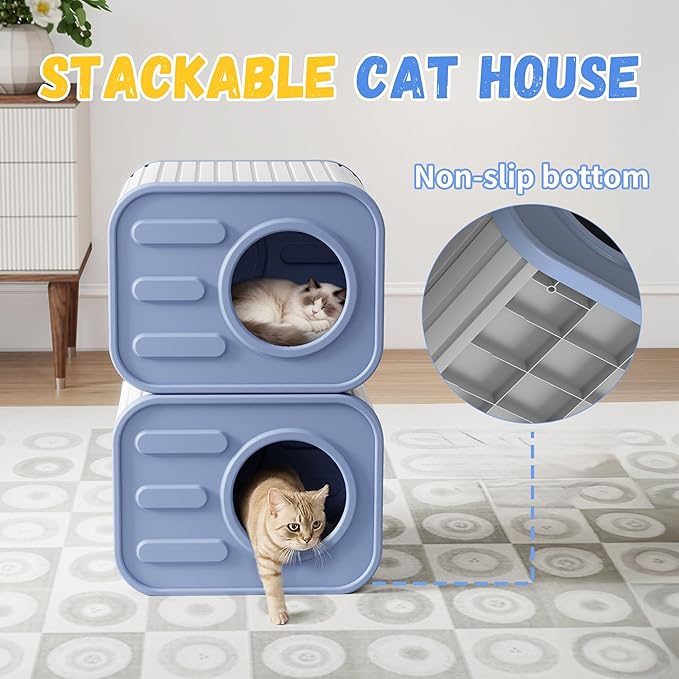 Insulated Outdoor Cat House Weatherproof, Plastic Feral Cat Houses for Outdoor Indoor Cats with Camera-Shaped, Stackable Outside Cat House Shelter for Several Cats, Easy to Assemble, Blue