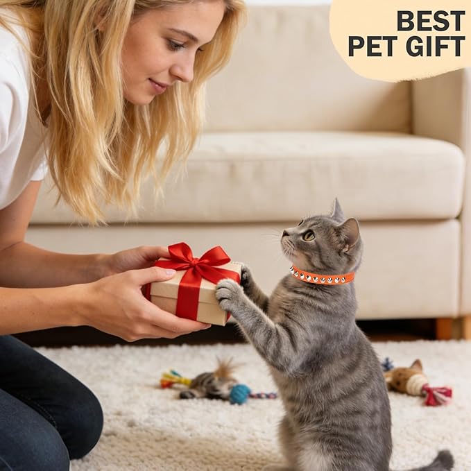 Leather Cat Collars for Boy Girl Cats with Bell and Safety Elastic Belt, Personalized Rivets Stud Adjustable Safe Buckle Collar with Skull Charm for Kitty Small Pets, Halloween Cat Collar