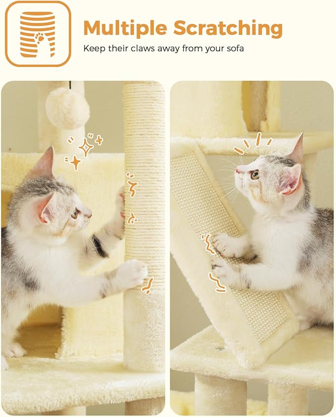 MUTTROS 71" Tall Cat Tree for Large Cat 20 lbs with Super Large Hammock, Heavy Duty Cat Tower with 4 Sisal Scratching Posts & 2 Spacious Condos for Big Adult Cats Maine Coon-Beige