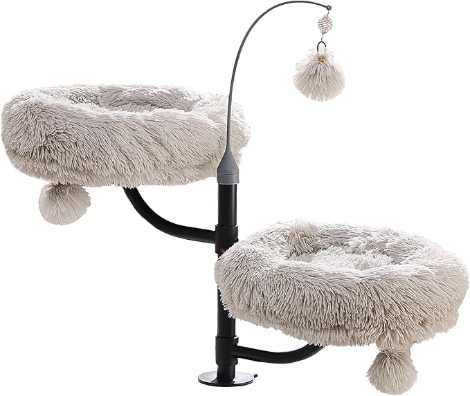 Catry Cat Desk Mount Double Perches for Indoor Cats, Pet Beds for Desk, Level Adjustable 3 Position Rotation, Space Save Desk Beds for Multi-Cat Home, Light Grey