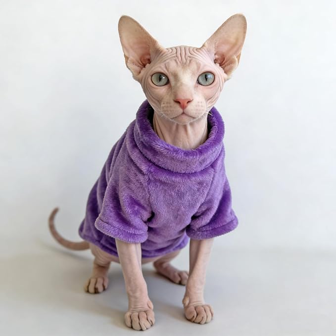 Turtleneck Sphynx Cat Clothes for Cats Only, Fleece Sphynx Hairless Cat Clothes Sweaters,Sphinx Kitten Winter Coat Outfits Apparel Costume for Cornish Rex and Devon Rex,Purple,2XL
