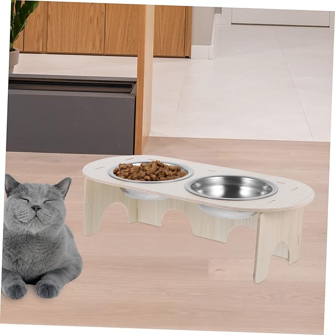 1set Elevated Bowls Stable Base Wood Stainless Steel Raised Feeder for Cats and Dogs Spill Design for Easy Feeding and Watering